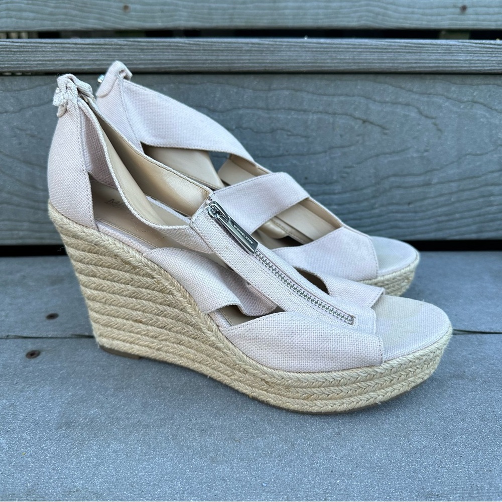 Michael Kors Damita Espadrille Wedge Heeled Sandal Platform Zip Fabric Pink